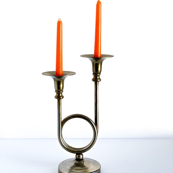 Vintage Brass Candlestick MCM Double French Horn Candle Holder